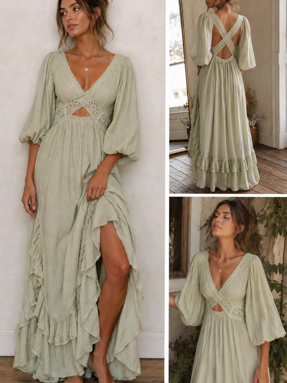 Free People Sage Green Maxi Dress with Crisscross Back